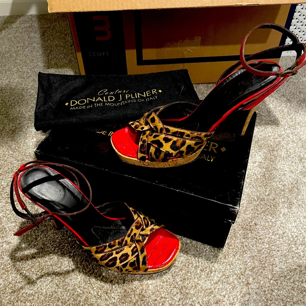 Donald J Pliner, used - good condition, 7.5 women’s, red/leopard heel sandals